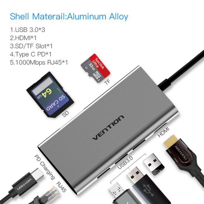 Cổng Chuyển Vention 8 in 1 USB Type C to HDMI, LAN,TF,SD,USB 3.0*3,PD Vention THAHB