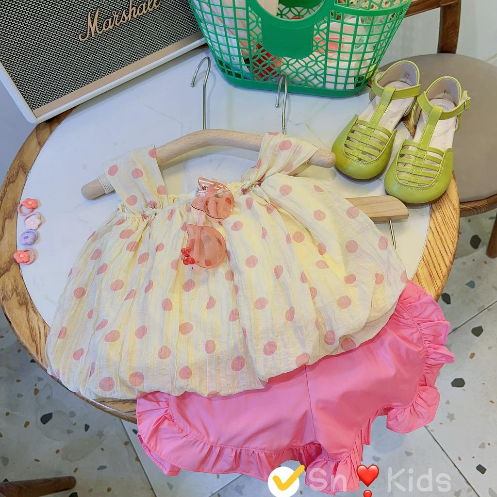 Quần áo bé gái, set bộ áo tơ bồng chấm bi to kèm quần thô bèo mát mẻ cho bé