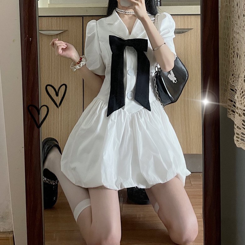 Đầm Phối Nơ Cổ Vest PEONYB Nữ [FREESHIP] 🌸 Váy babydoll đuôi bồng bánh bèo tiểu thư dáng xòe tay lỡ cá tính Ulzzang 🌸 | BigBuy360 - bigbuy360.vn