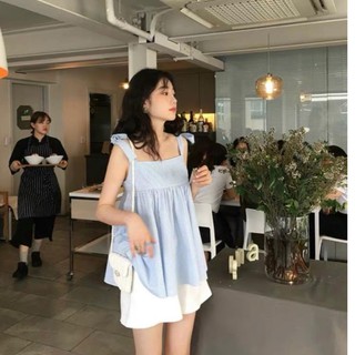 Set áo babydoll hai dây thắt nơ kẻ xanh và quần short trắng cực xinh