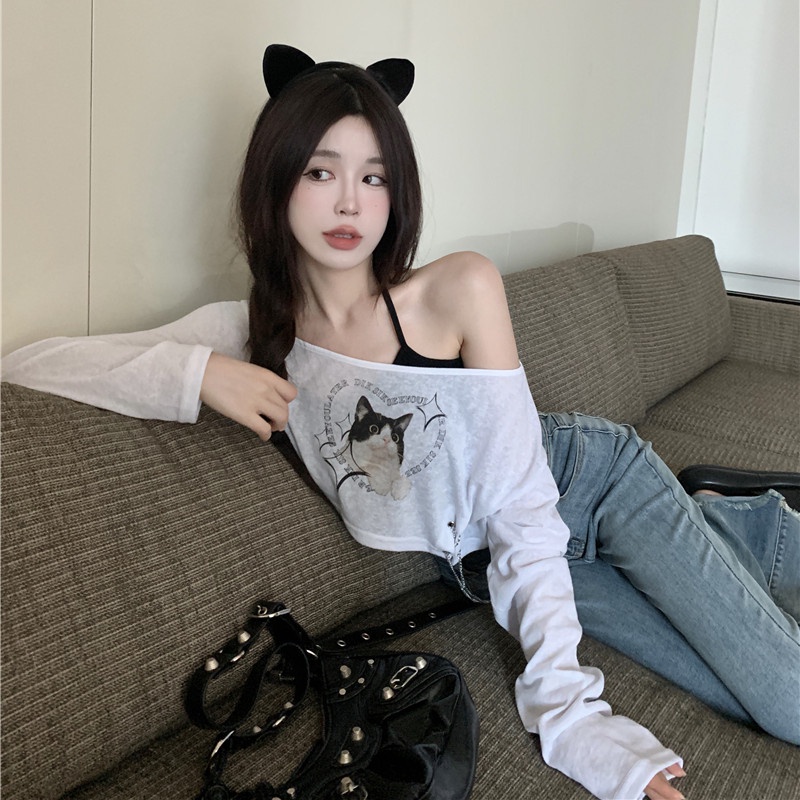 Áo Thun Tay Dài Hở Vai In Họa Tiết Thời Trang Cho Nữ