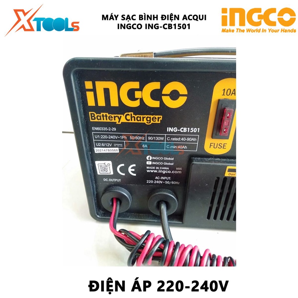 Máy sạc bình điện ắc qui INGCO ING-CB1501 | Máy sạc ắc quy Điện áp nạp vào 6/12V, Cấp độ cách nhiệt H, Khả năng chuẩn 40