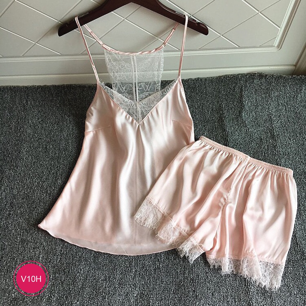 Bộ Mặc Nhà Phối Ren Viền Chất Lụa Satin Cao Cấp Thương Hiệu XAVIA
