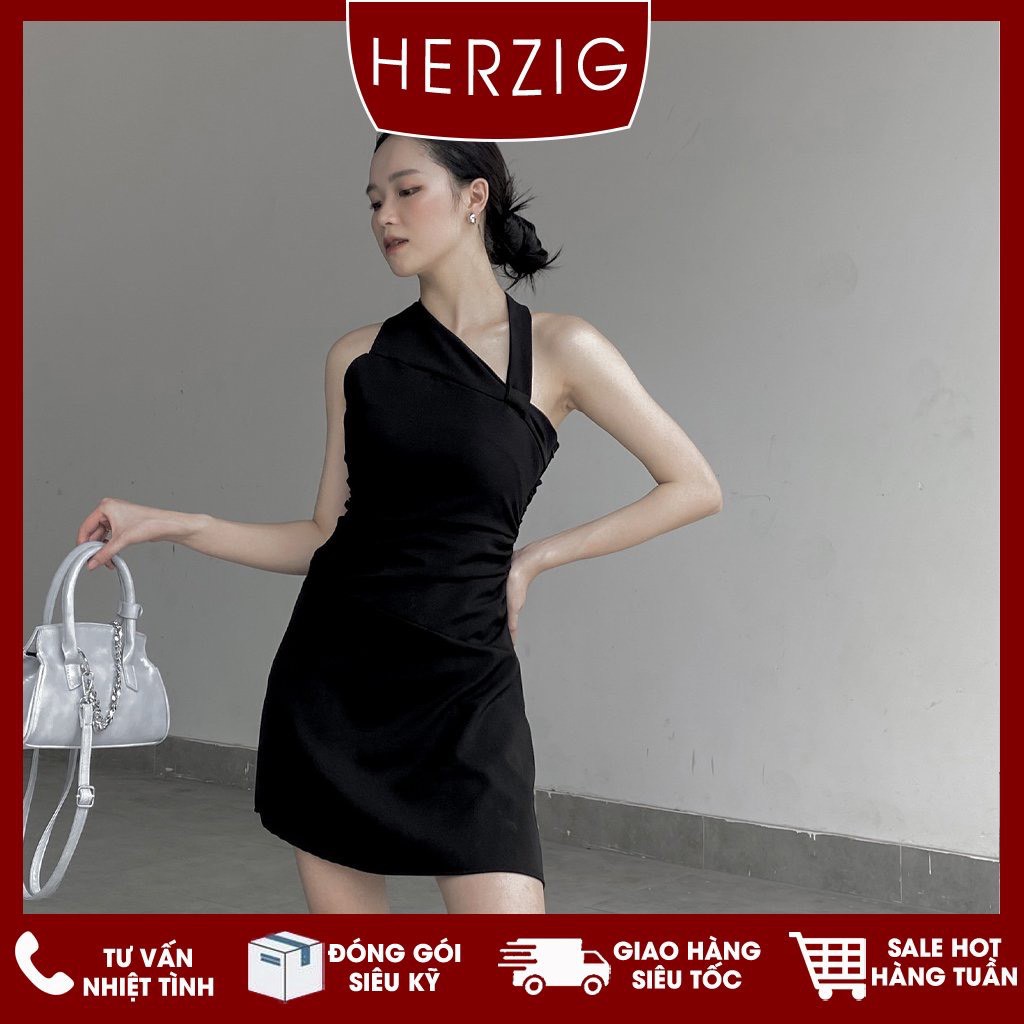 Keva dress B1823 - Váy ôm nhúm eo HERZIG quai cổ phong cách chất co dãn cá t