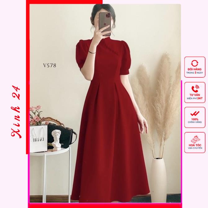 Đầm váy đỏ đi tiệc sang chảnh cổ áo dài (kèm hình thật) | BigBuy360 - bigbuy360.vn