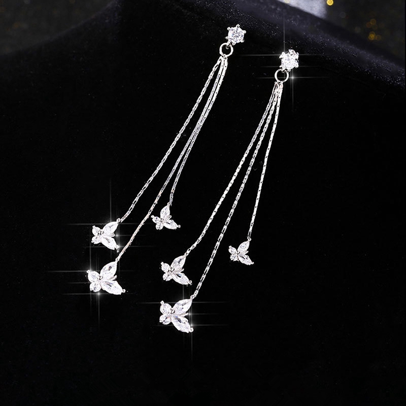 Butterfly Long Tassel Flower Earrings Rhinestone Earrings