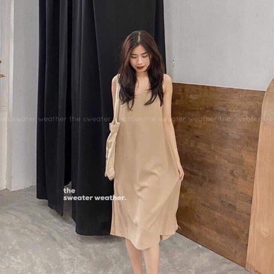 Váy maxi đi biển hai dây chất đũi lụa freesize dáng rộng dạo phố - Đầm suông 3 màu đen, be, trắng bầu bí bon chen