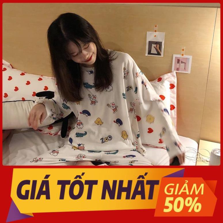 Set Đồ Ngủ Dài Tay In Họa Tiết Hoạt Hình Dễ Thương Dành Cho Nữ