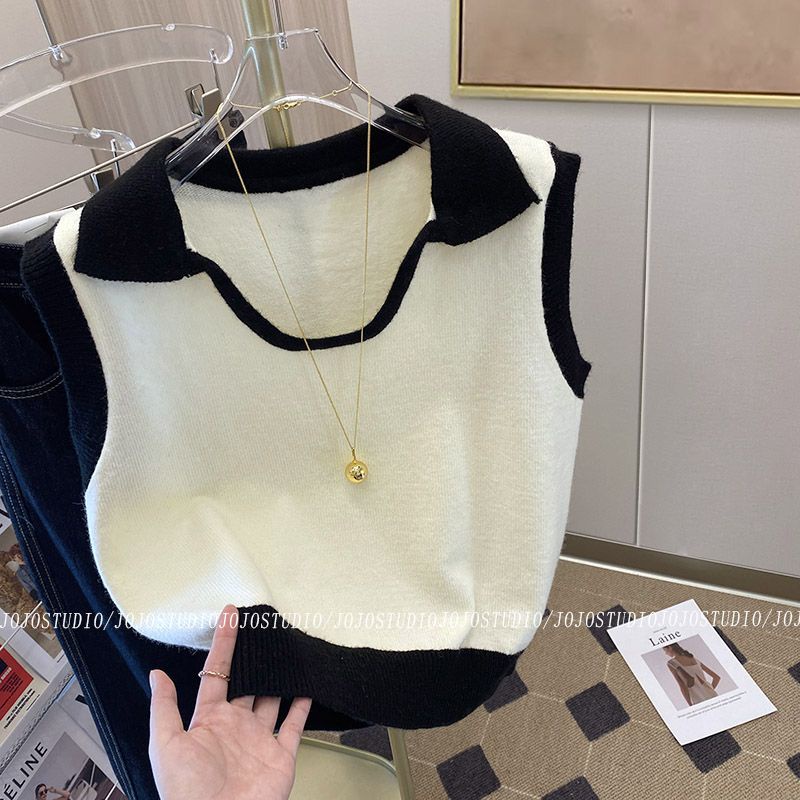 Áo Sweater Dệt Kim Cổ Polo Màu Sắc Tương Phản Thời Trang Thu Đông Cho Nữ