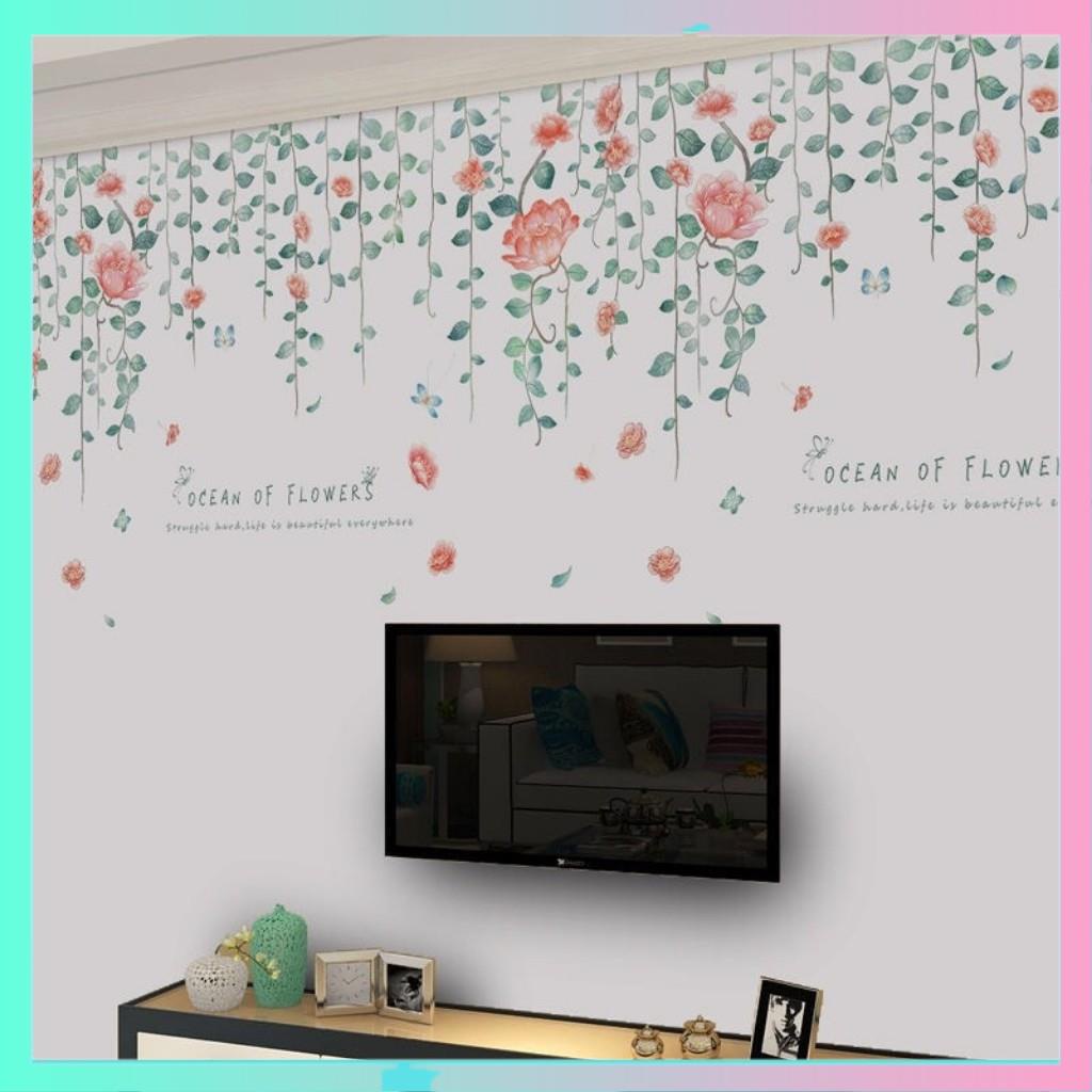 Decal dán tường dây hoa leo hồng, Tranh dán tường dây hoa leo hồng, trang trí phòng ngủ, phòng khách