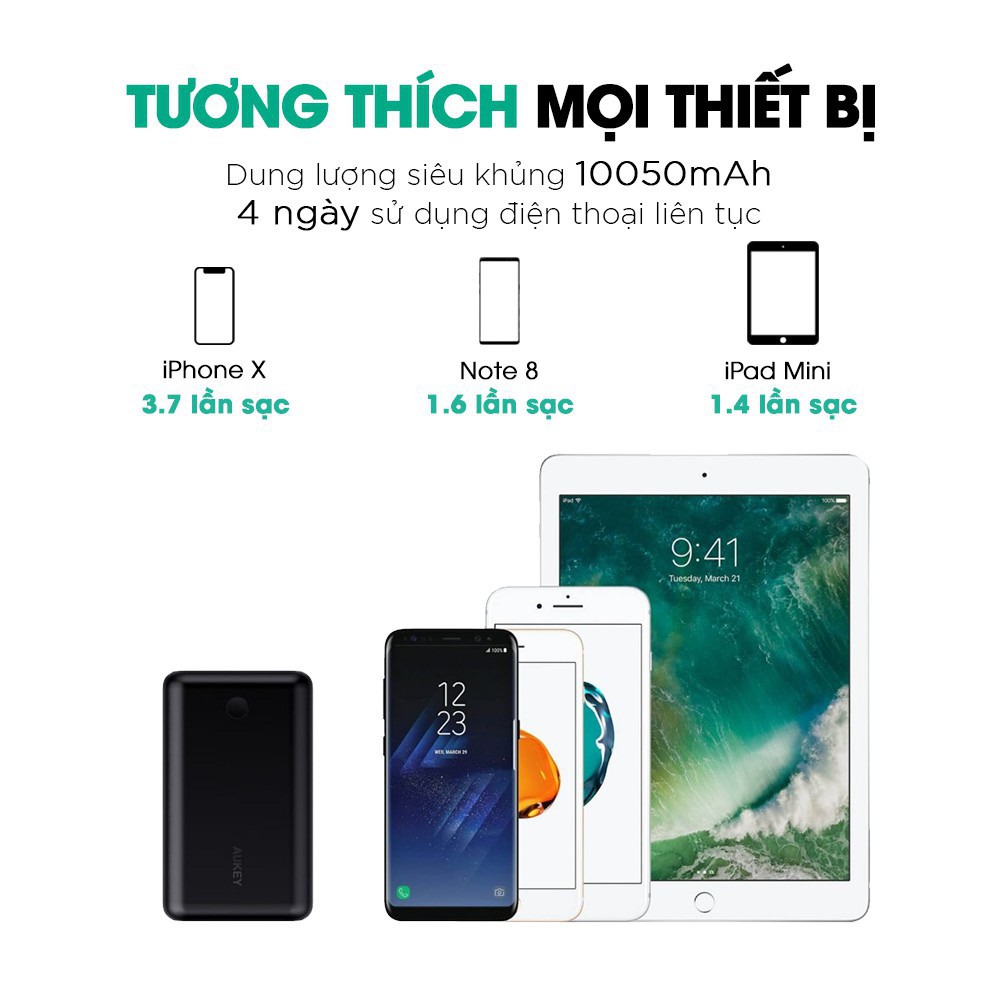 Pin sạc dự phòng iPhone, iPad, Nintendo, S10, S9, Note 8, Note 9, AUKEY PB-XD10 100500mAh PD 2.0 18W &amp; QC 3.0 18W