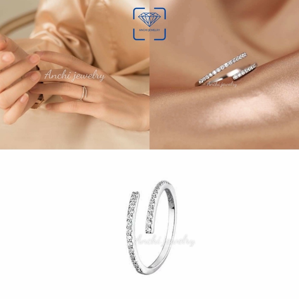 Nhẫn nữ hở full đá, chuẩn bạc ta - mẫu dày dặn, Anchi jewelry