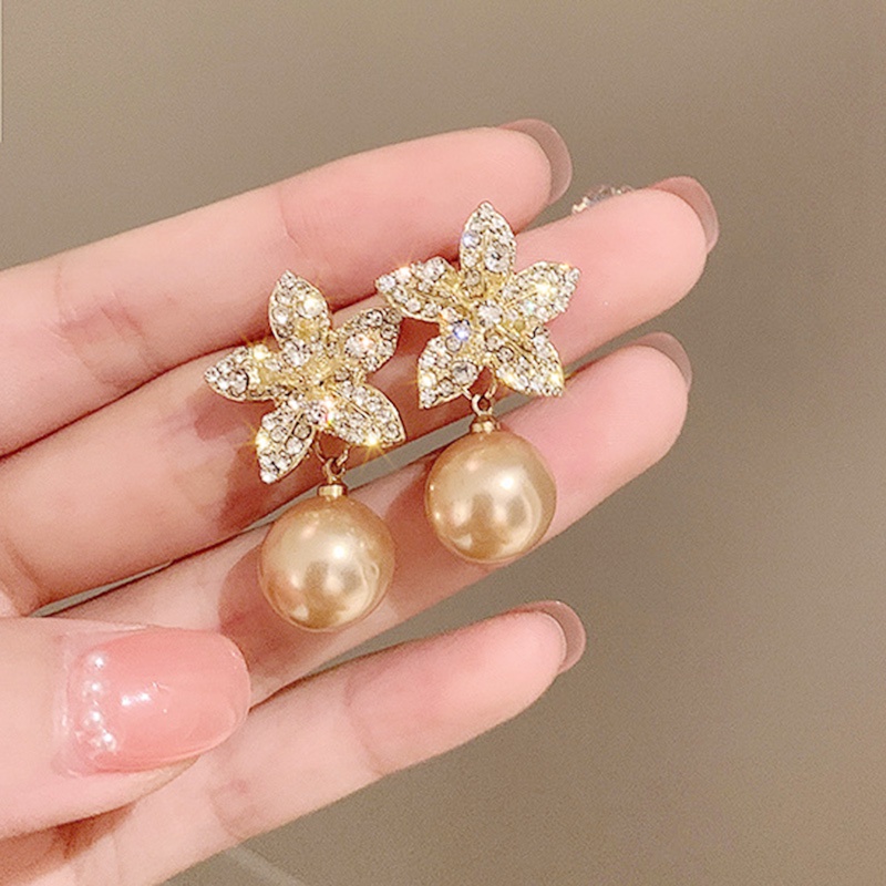 Bông Tai Mạ Bạc 925 Hình Hoa Đính Ngọc Trai Phong Cách Retro Hàn Quốc