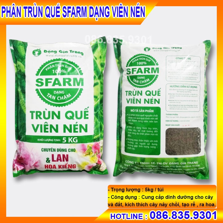 PHÂN TRÙN QUẾ HỮU CƠ SFARM DẠNG VIÊN NÉN, CUNG CẤP DINH DƯỠNG CHO CÂY VÀ ĐẤT GÓI 5KG