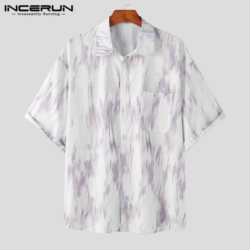 Áo sơ mi INCERUN dáng rộng tay ngắn cài nút in họa tiết hippie dành cho nam