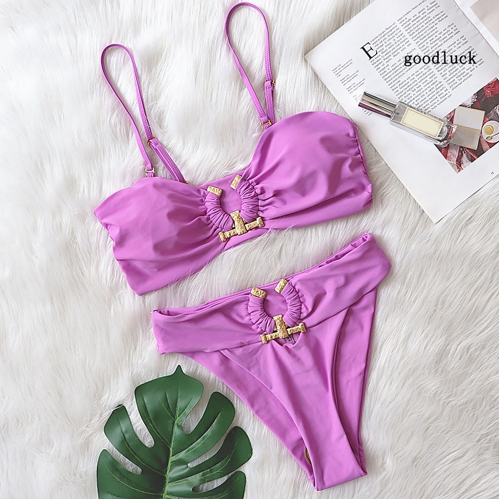 Bộ Đồ Bơi Hai Mảnh Màu Sắc Trơn Lưng Cao Phối Khóa Kim Loại Dành Cho Nữ