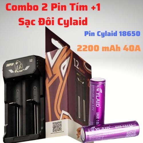 Combo 2 Pin Cylaid 18650 tím &amp; 1 sạc đôi Cylaid i2 CHÍNH HÃNG 40A 2200mAh