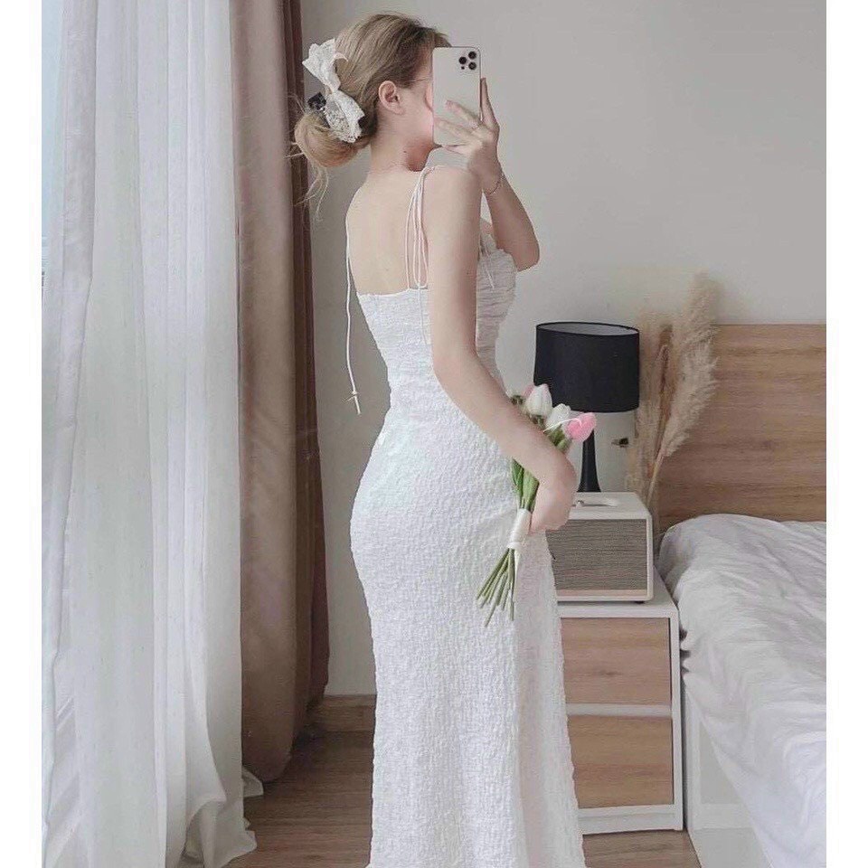 Đầm thời trang nữ mặc đi chơi chất xốp dập có mút ngực kèm khoác cotton bên ngoài màu trắng