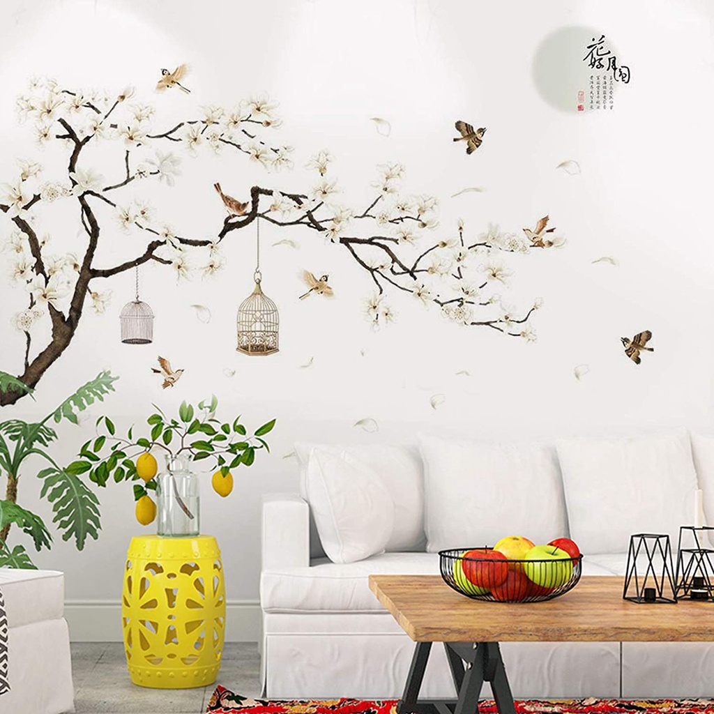 Miếng dán tường tự dính họa tiết hoa và mặt trăng phong cách Trung Hoa d dùng trang trí phòng khách