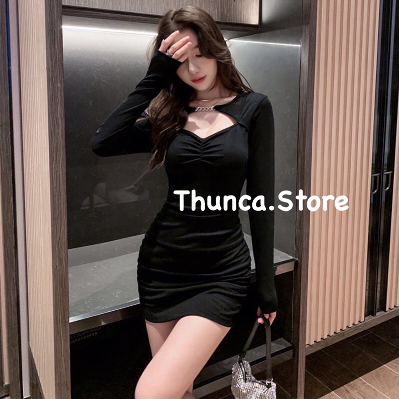 Đầm Body Tay Dài Khoét Nhún Ngực phối xích cổ Thunca.Store