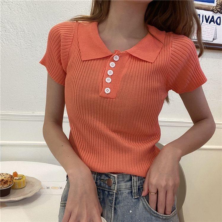 MS551 Áo polo len nữ đóng cúc, áo len nữ cộc tay cổ bẻ