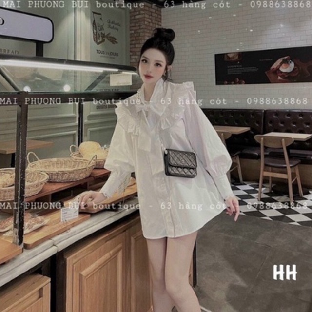 Áo sơ mi cổ thắt nơ tay phồng dáng rộng, Áo kiểu thiết kế viền bèo SM8088- NhiNhi Shop