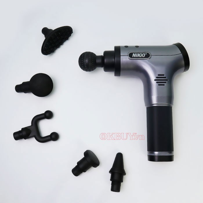 Súng Massage Giảm Căng Cơ Đau Nhức Nikio Nhật Bản NK-171 - 6 đầu, 6 tốc độ, 5 kiểu - Xám