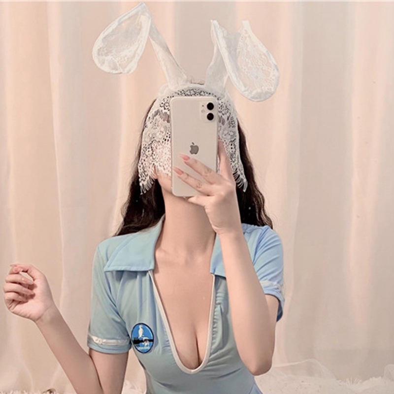 Bờm tai thỏ liền mặt nạ ren hoá trang tiểu thư mèo