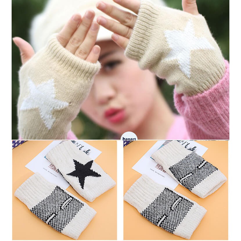Găng Tay Len Hở Ngón Lông Cừu Bao Tay Giữ Ấm Mùa Đông Phong Cách Ngôi Sao Unisex