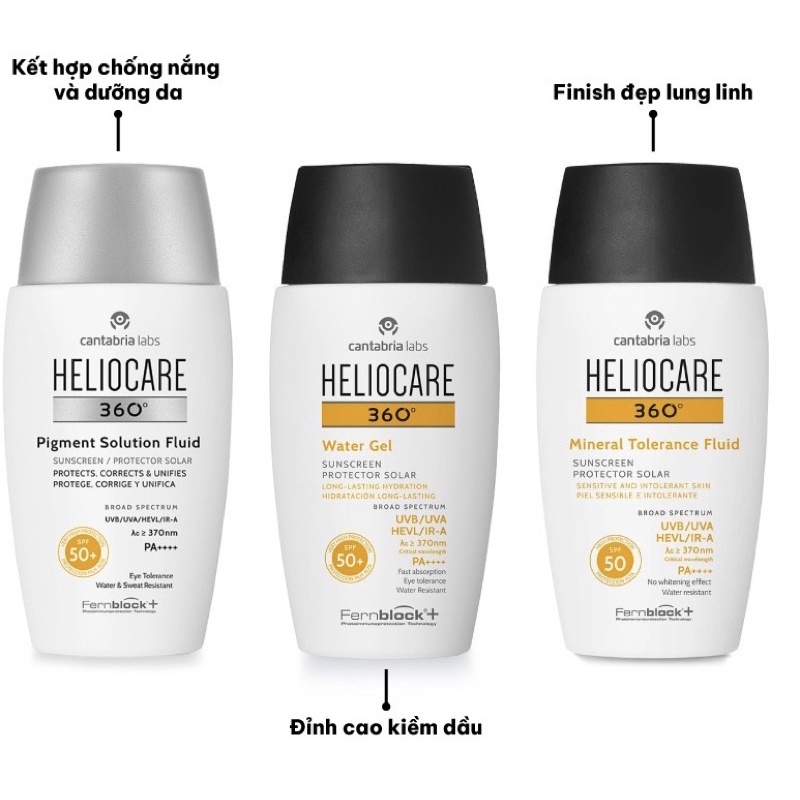 Kem chống nắng vật lí lai hóa học Heliocare 360° Pigment/Mineral/Gel Solution Fluid SPF50+ 50ml