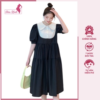Váy bầu công sở - đầm bầu thiết kế dáng babydoll phối cổ sen trắng hàng cao cấp HD30