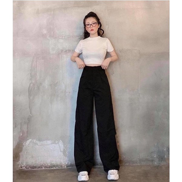 Quần đũi ống rộng nữ dài có túi cạp khóa khuy cài lưng thun bigsize màu Đen Trắng - Vải đũi trơn xước co giãn đi bển nhà