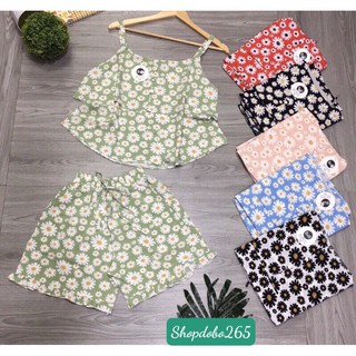 Bộ ngủ 2 dây,đồ bộ nữ,đồ ngủ mặc nhà đùi tầng vải lụa họa tiết hoa cúc.