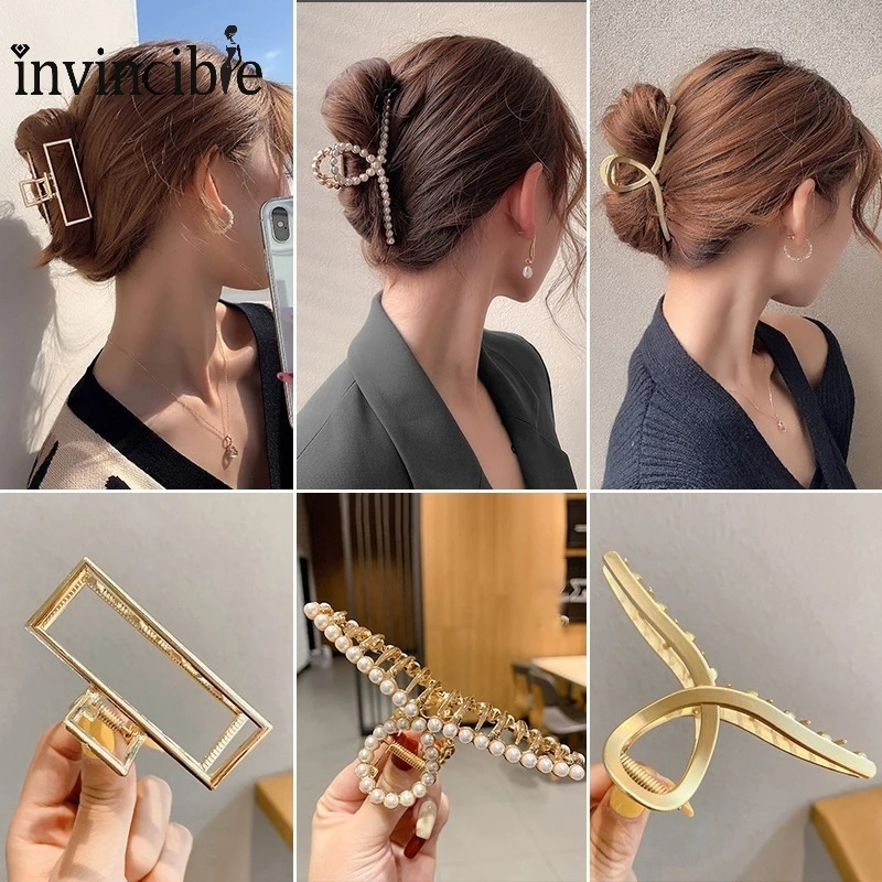 Kẹp Tóc Kim Loại Hình Xương Cá Đính Đá Ngọc Trai Giả Thời Trang Hàn Quốc