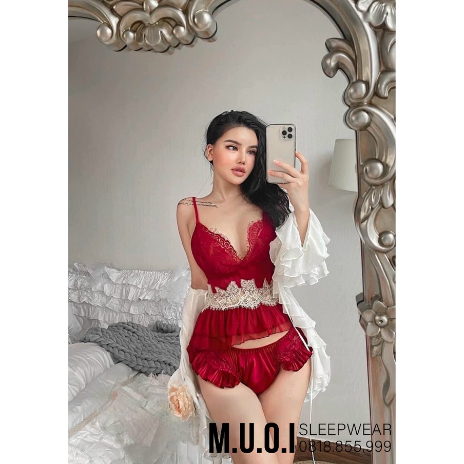 Bộ đồ ngủ lụa phối ren đan chéo lưng hot hit MIEMMOC - BD 19 - QUẢNG CHÂU cao cấp(video+ảnh thật)