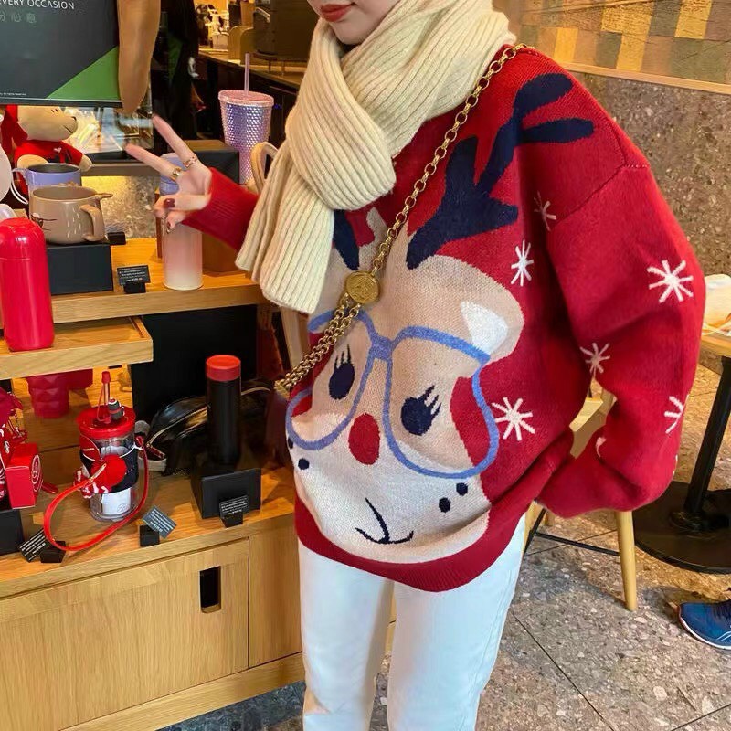 [ảnh thật-sẵn] Len Cổ Tròn Tuần Lộc Noel