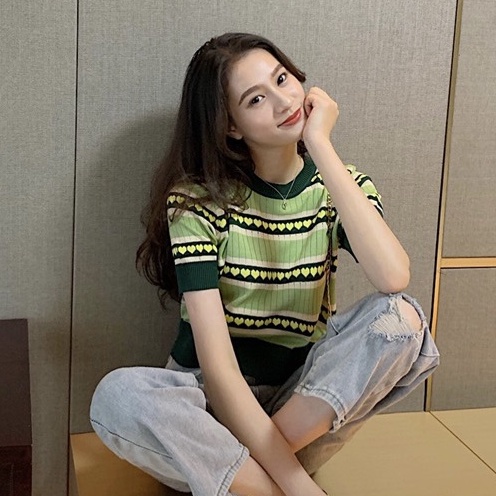 Áo thun dệt kim tay ngắn dáng rộng phong cách Hàn Quốc thời trang cho nữ