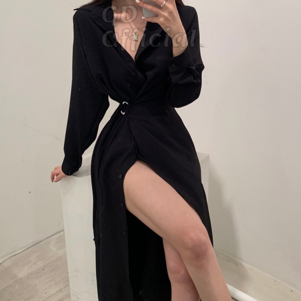 D37|Đầm nữ sơ mi thắt eo dài tay công sở đơn giản, dạ tiệc gd_order