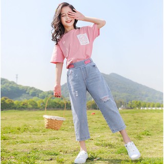 Bộ quần bò jean mềm, dáng suông bé gái 26 - 45kg M37