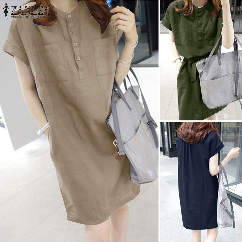 Đầm Zanzea tay ngắn màu trơn phối thắt lưng phong cách Hàn Quốc thời trang cho nữ