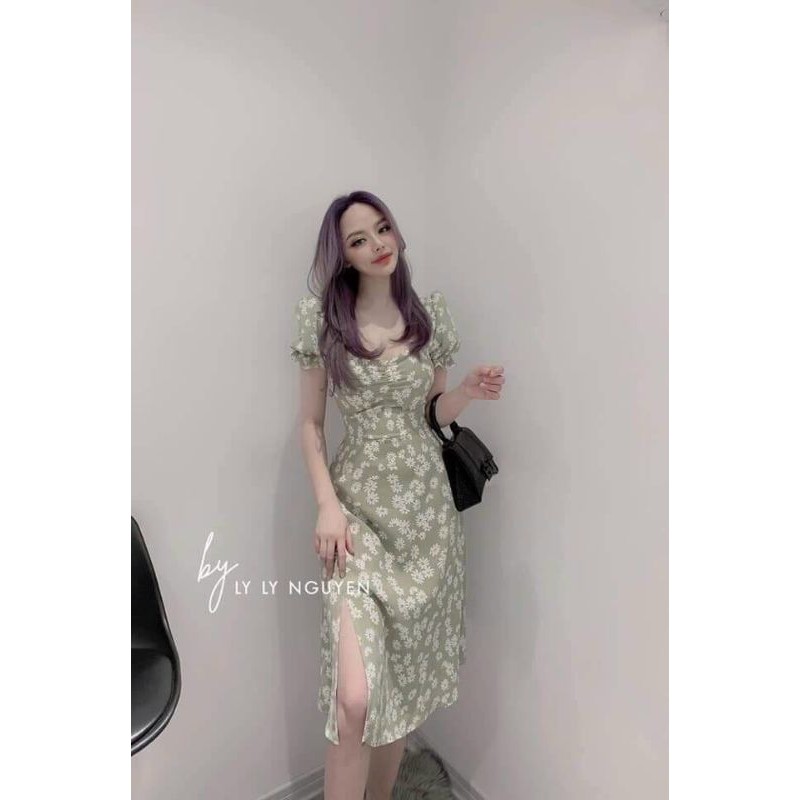 Đầm xòe xẻ tà họa tiết cúc họa mi dễ thương
