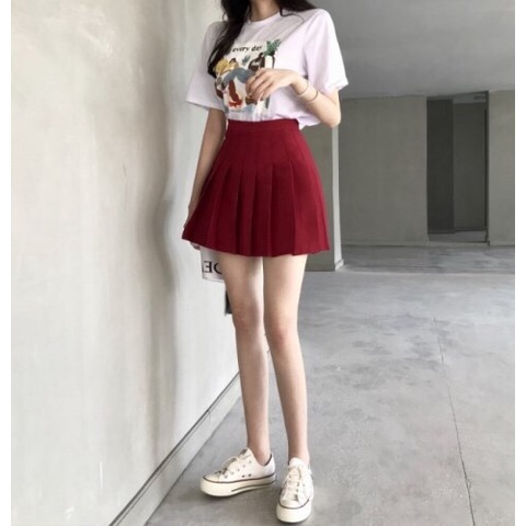 Chân váy xếp ly MIA, Chân váy tennis dáng ngắn xòe chữ A lưng cao, màu đỏ, có bigsize
