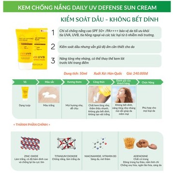 Kem chống nắng kiểm soát dầu chống thấm nước BEAUSKIN Daily UV Deffence Sun Cream 50ml