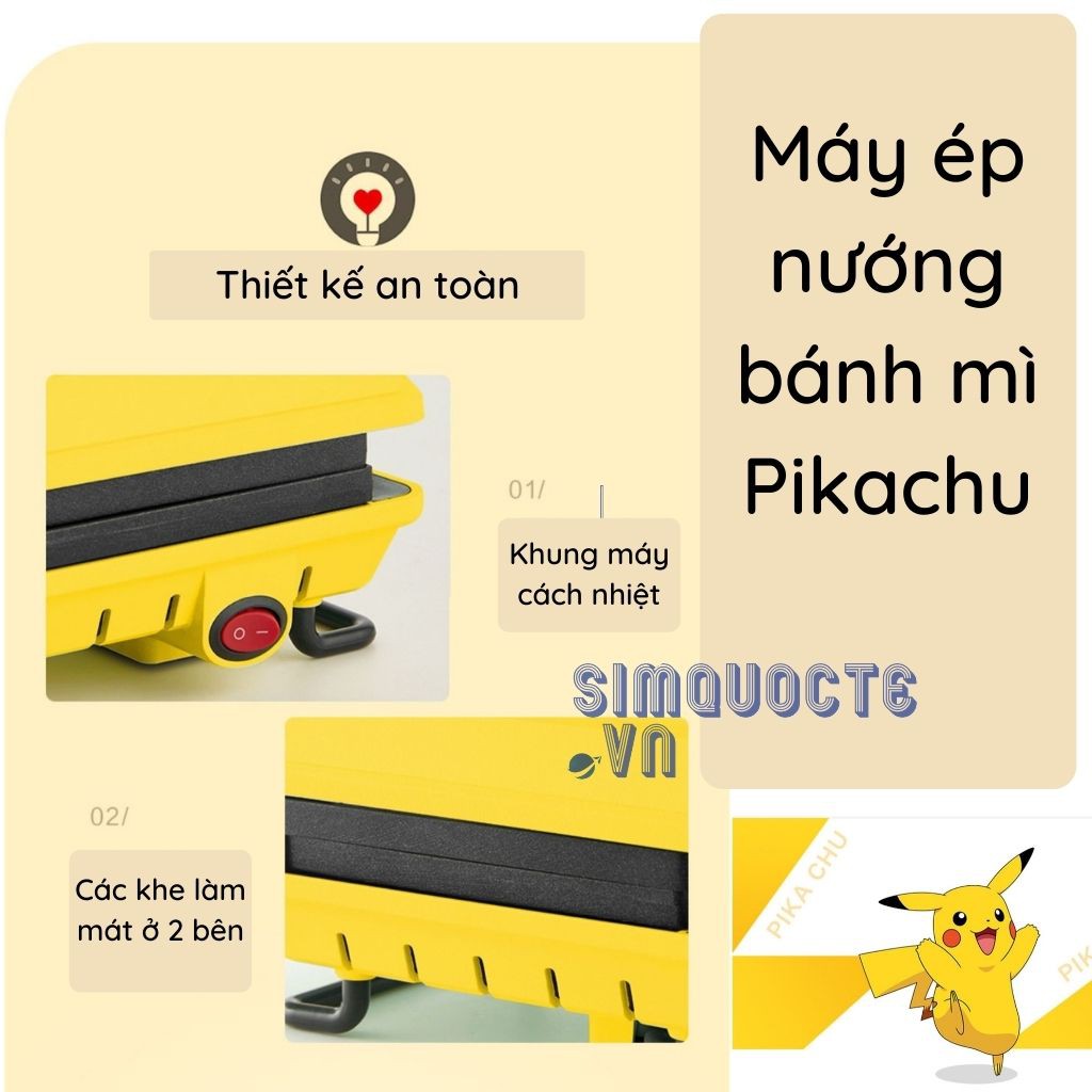 Máy kẹp nướng bánh mì sandwich kèm khuôn đá chống dính Pikachu - Hàng Chính Hãng Media