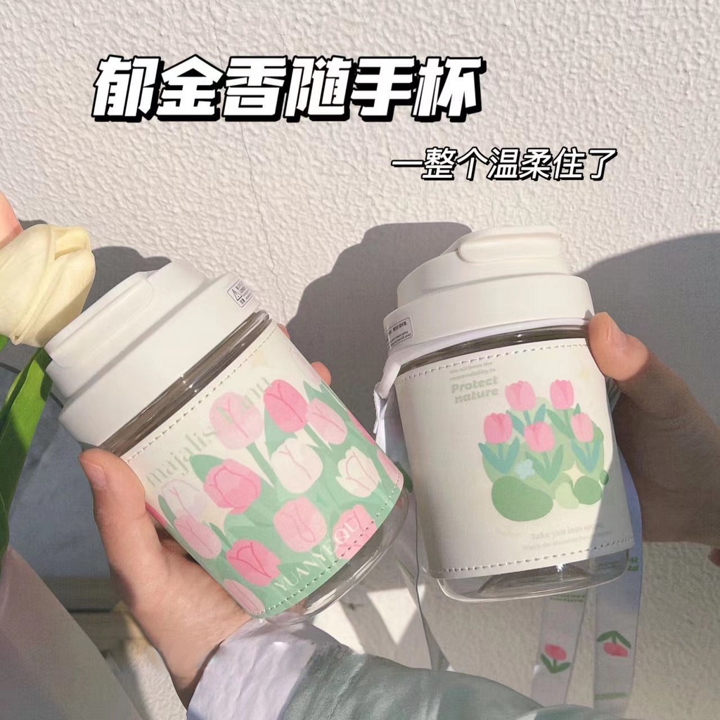 Giá Đỡ Bình Nước Di Động Họa Tiết Hoa Tulip Kèm Ống Hút Tiện Dụng