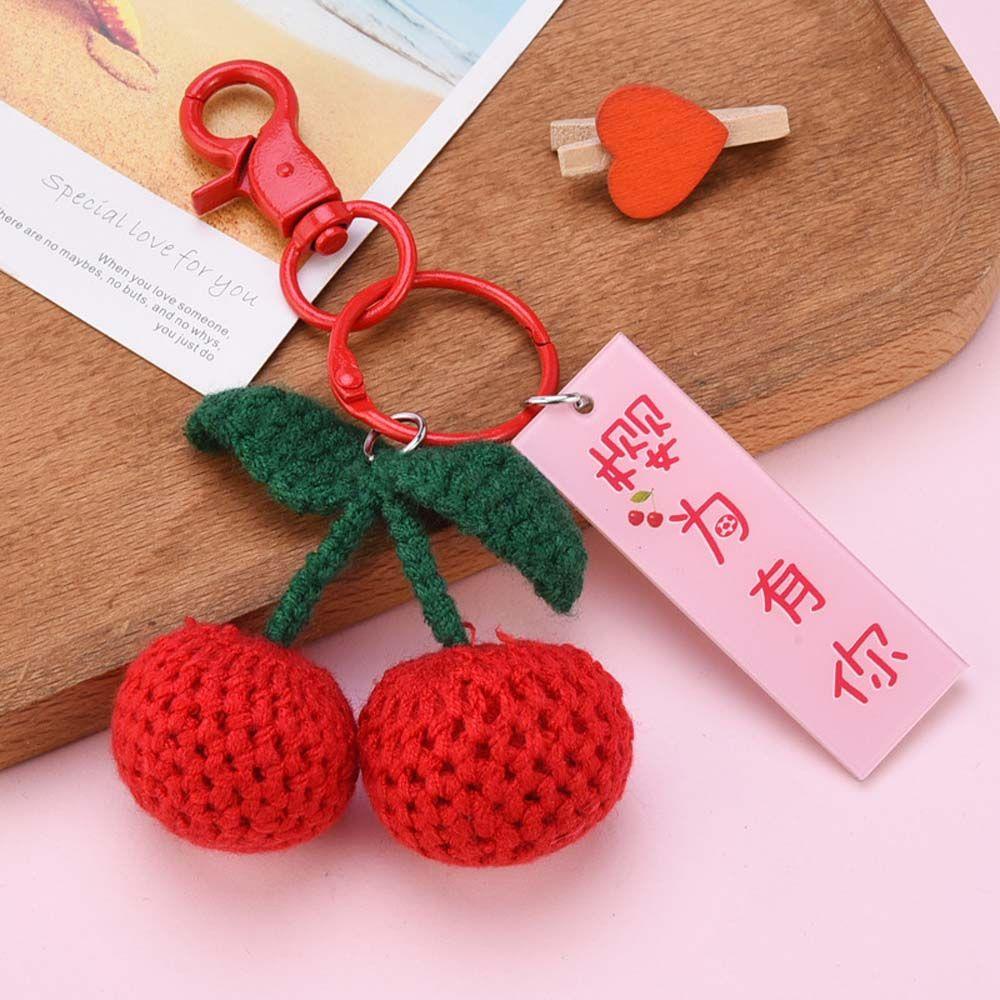 LANFY Móc Chìa Khóa Hình Quả Cherry Bằng Lông Nhung Đan Tay Dễ Thương