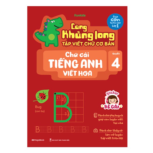 Sách Cùng Khủng long tập viết chữ cơ bản – Chữ cái Tiếng Anh VIẾT HOA - Quyển 4 – Sticker bé gái