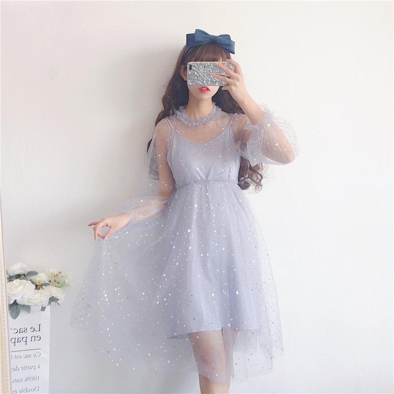 Đầm ulzzang voan nhũ đính họa tiết sao VD016(có ảnh thật)