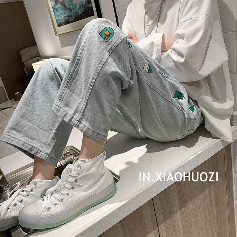 Quần jean ống suông rộng in họa tiết bên hông thời trang Hàn Quốc cho nam và nữ
 | BigBuy360 - bigbuy360.vn