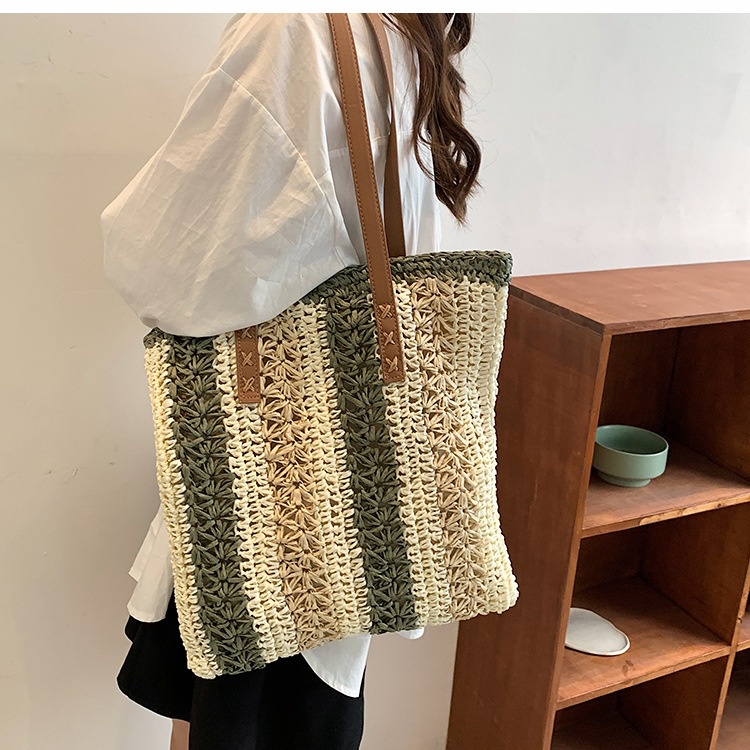 Túi cói Tote vuông Vintage dây da - sọc dọc pha màu (mẫu mới)